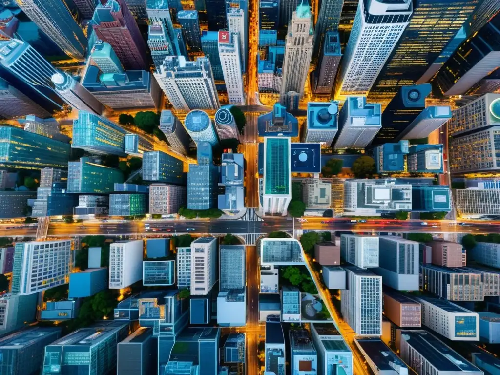 Redes urbanas y diversidad fiscal global Imagen aérea de una bulliciosa ciudad, con arquitectura diversa que representa las diferencias en el modelo tributario español y económico global
