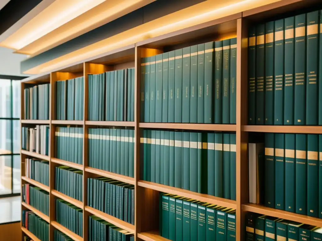 Moderna biblioteca de leyes fiscales: ambiente sereno y académico Imagen de biblioteca moderna con publicaciones fiscales especializadas ordenadas en estanterías, bañada por cálida luz natural