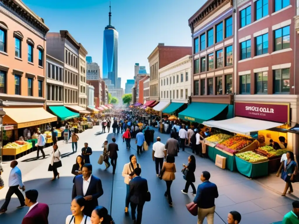 Diversidad económica en la ciudad: inclusión y generalidad en los impuestos Imagen detallada de la animada vida económica en una bulliciosa calle de la ciudad, reflejando el principio de generalidad en impuestos