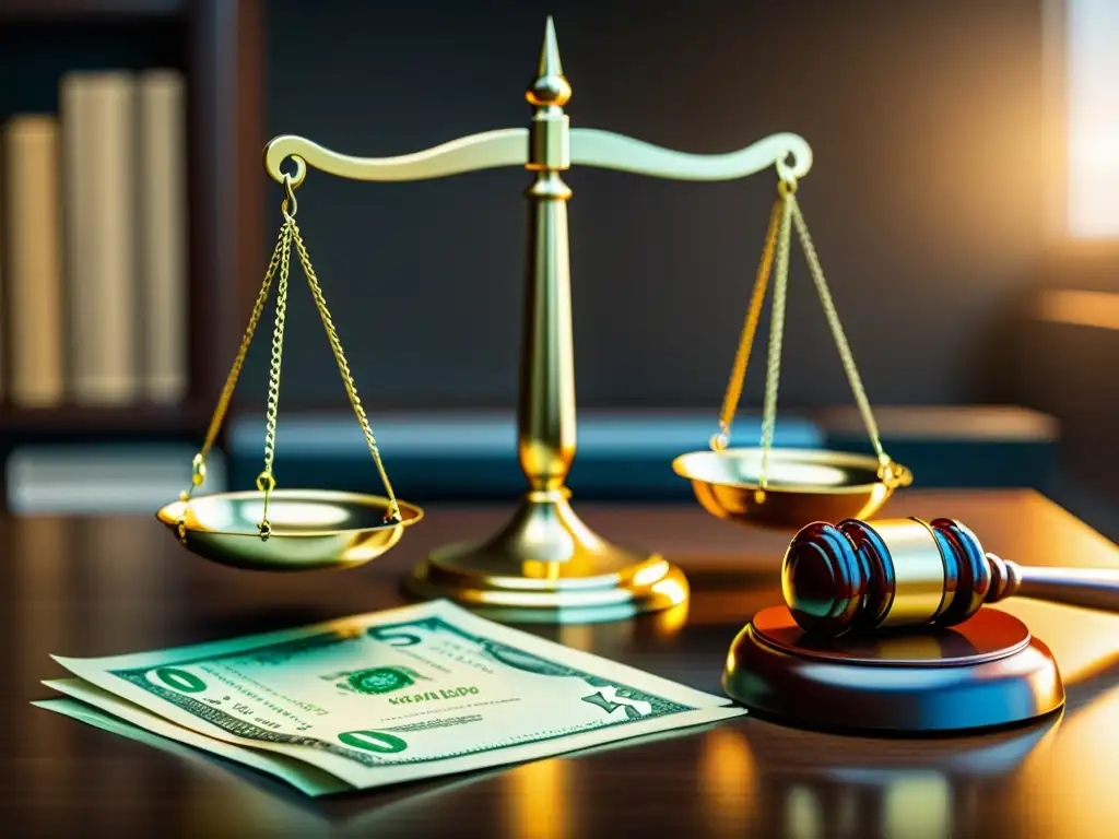 Imagen en 8k de balanza legal y dinero Imagen 8k detallada de una balanza con dinero y documentos legales de un lado y un martillo de juez del otro, simbolizando el principio de legalidad en impuestos en contexto financiero moderno