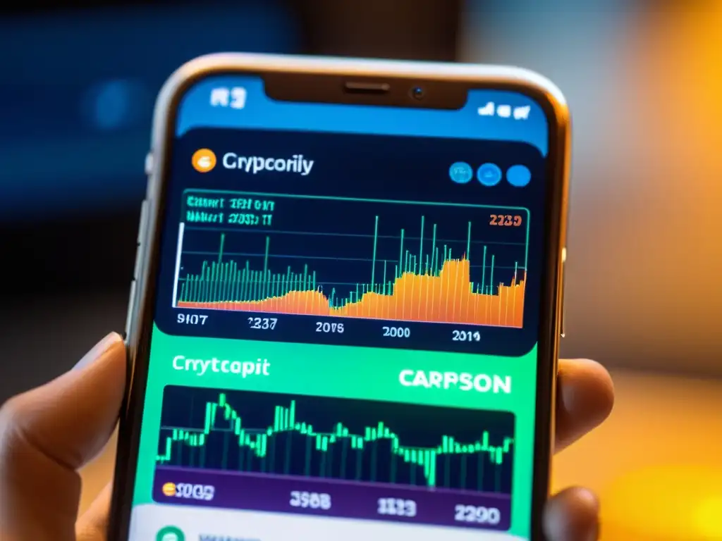Cartera digital: gestión criptomonedas en pantalla Una imagen detallada de una billetera digital en un smartphone, con gráficos de criptomonedas y transacciones en tiempo real