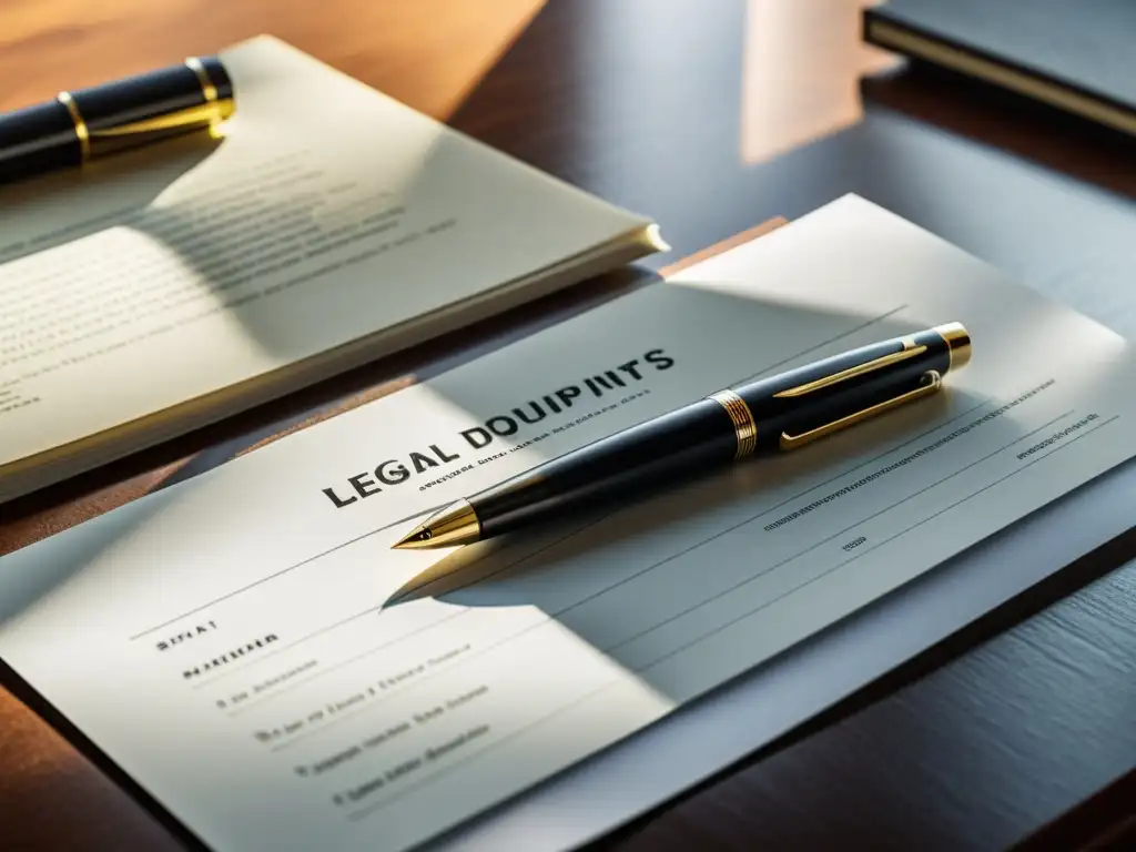 Escritorio profesional con documentos legales y elegantes accesorios Una imagen detallada de un elegante escritorio de oficina con documentos legales, una pluma de alta gama y gafas de estilo
