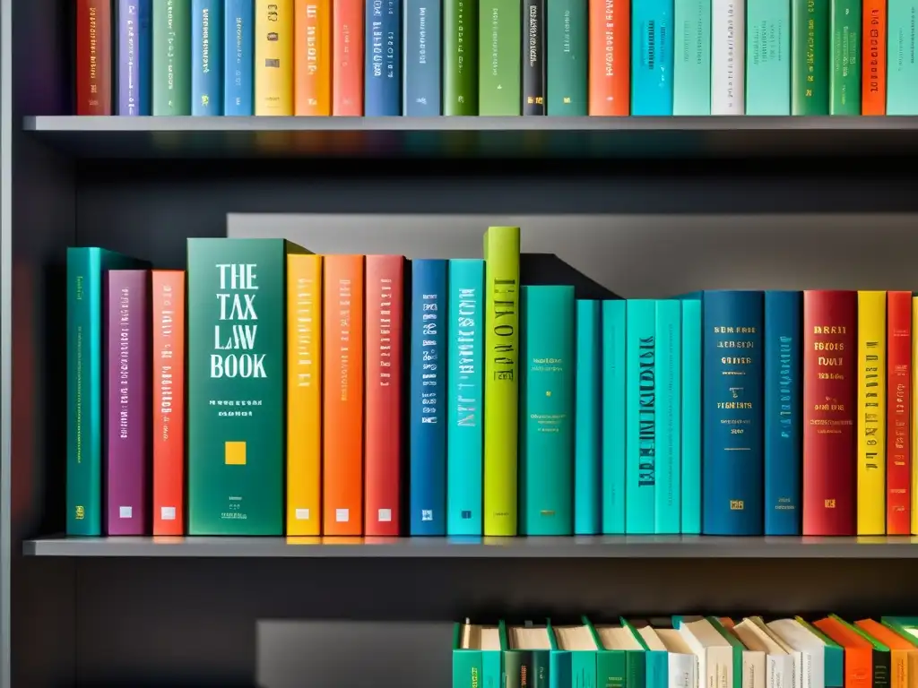Estantería moderna con libros de ley fiscal Una imagen detallada y elegante de los mejores libros de derecho tributario en un moderno estante