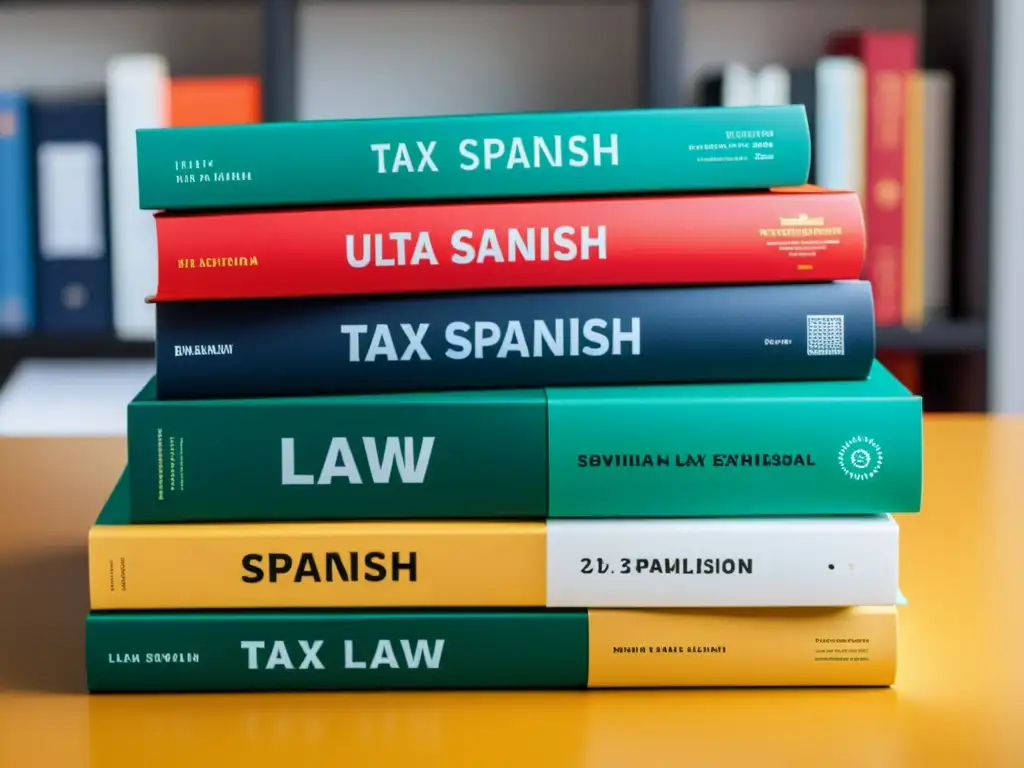 Manuales de Leyes Tributarias: Detalles Impresionantes Imagen detallada de manuales de derecho tributario recomendados, con diseño moderno y colores vibrantes en un elegante escritorio