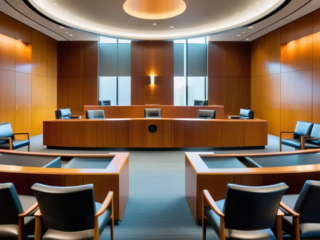 Solemne moderna sala de tribunal: autoridad y responsabilidad legal Una imagen detallada de una moderna sala de audiencias, resaltando el estrado del juez y el vacío estrado del jurado
