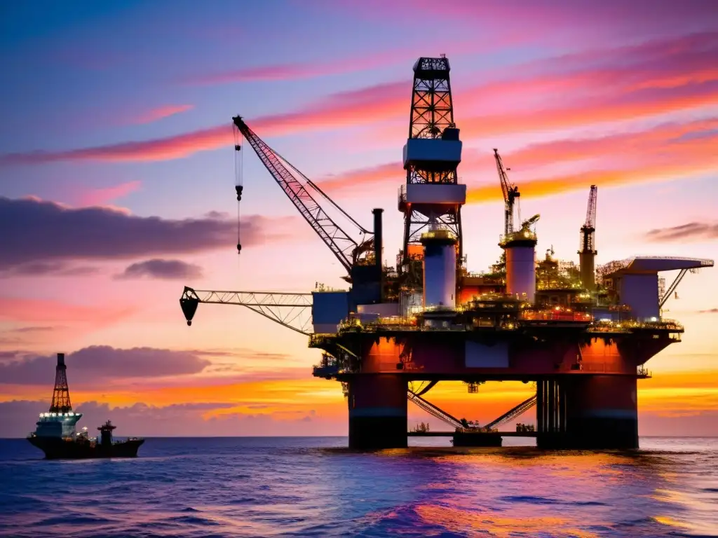 Plataforma petrolera al atardecer: innovación tecnológica en el mar Imagen detallada de una plataforma petrolera en alta mar al atardecer, con tonos naranjas y rosados reflejados en el mar