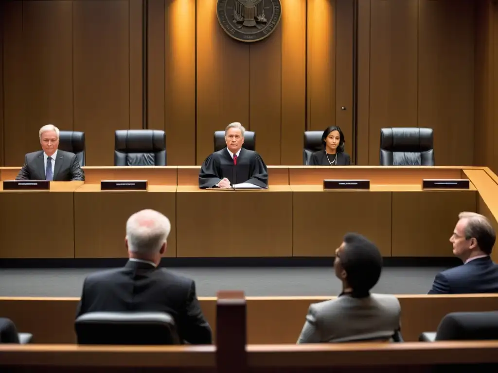 Escena judicial de alto impacto: juicio por fraude fiscal Imagen de una escena en la sala del tribunal, con abogados, un juez, y un grupo diverso de personas atentas