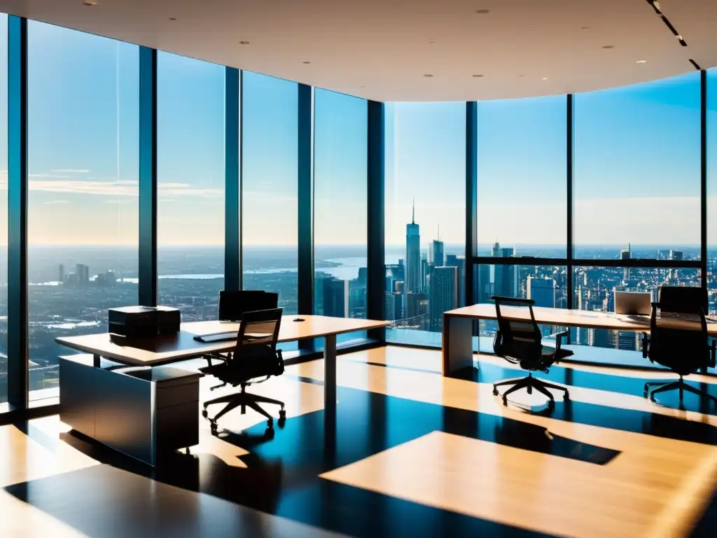 Oficina moderna con vista panorámica y tecnología de vanguardia La imagen muestra un espacio de oficina moderno y eficiente con mobiliario contemporáneo y equipos de alta tecnología, con vista a la ciudad