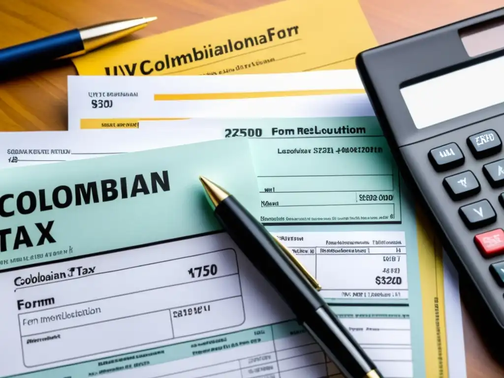 Impacto del UVT en la tributación colombiana Imagen de un formulario de impuestos colombiano con el rol UVT en tributación colombiana, rodeado de documentos financieros y calculadoras