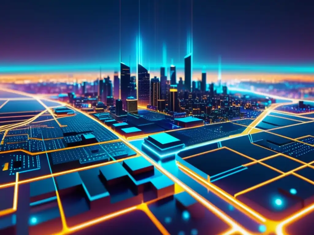 Red de nodos brillantes: paisaje urbano futurista Imagen futurista de una red de nodos y circuitos brillantes conectados, evocando innovación y complejidad tecnológica