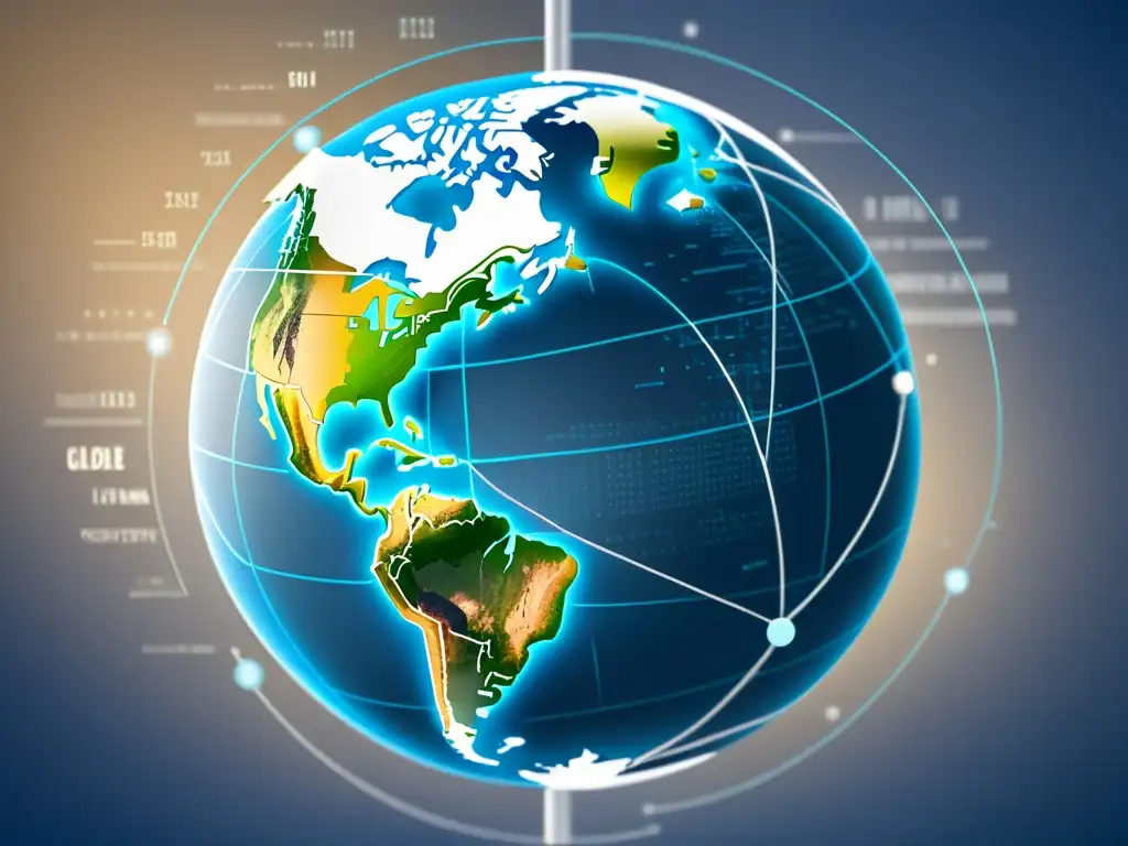 Transparencia financiera global: Conectividad y modernidad Imagen de un globo transparente rodeado de líneas e puntos de datos, representando la interconexión de la transparencia fiscal internacional