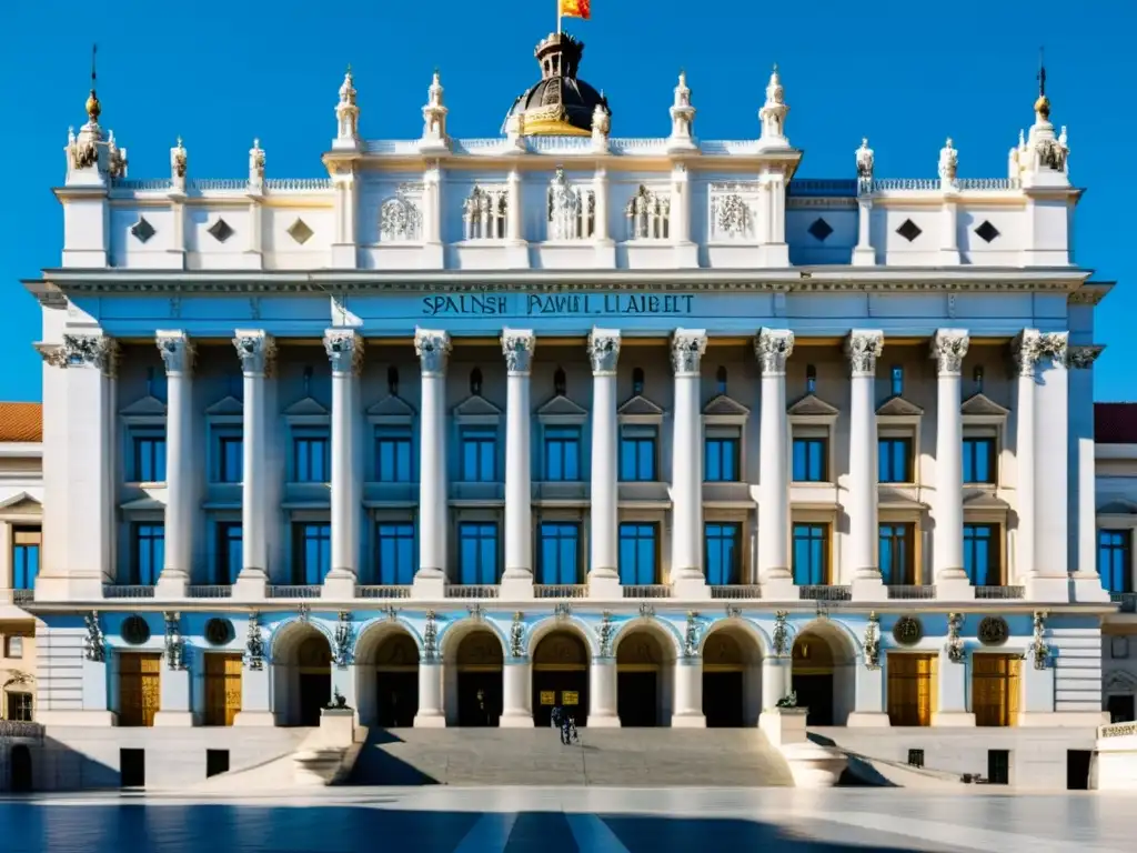 Esplendor del Parlamento Español en Madrid Imagen impactante del edificio del Parlamento español en Madrid, con detalles arquitectónicos, columnas imponentes y juego de luces y sombras