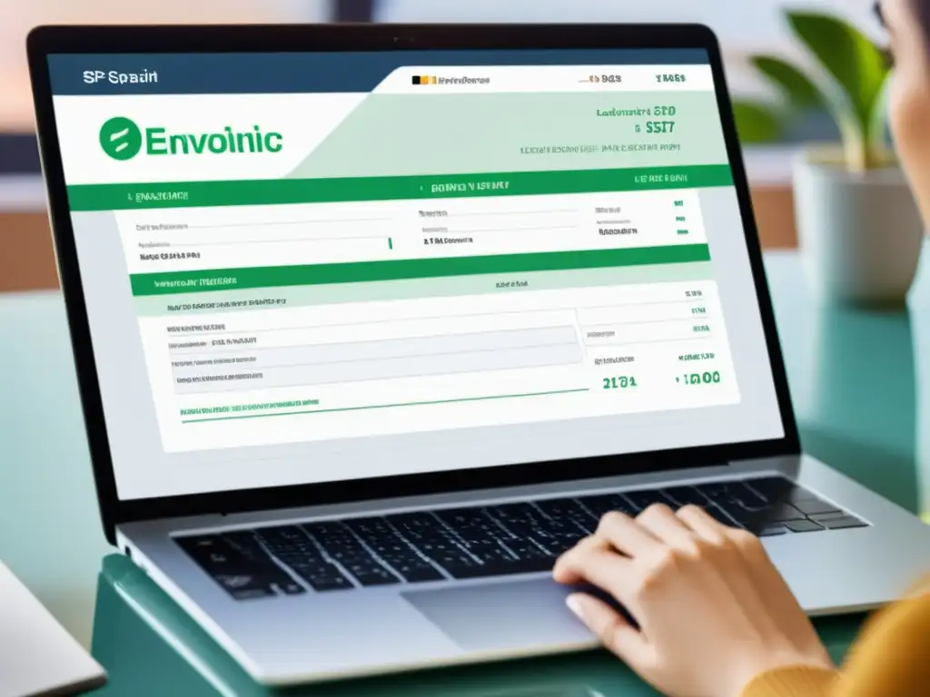 Plataforma de eFacturación en España: Guía Paso a Paso Imagen de laptop con plataforma española de facturación electrónica, mostrando requisitos fiscales en un entorno profesional y educativo en España