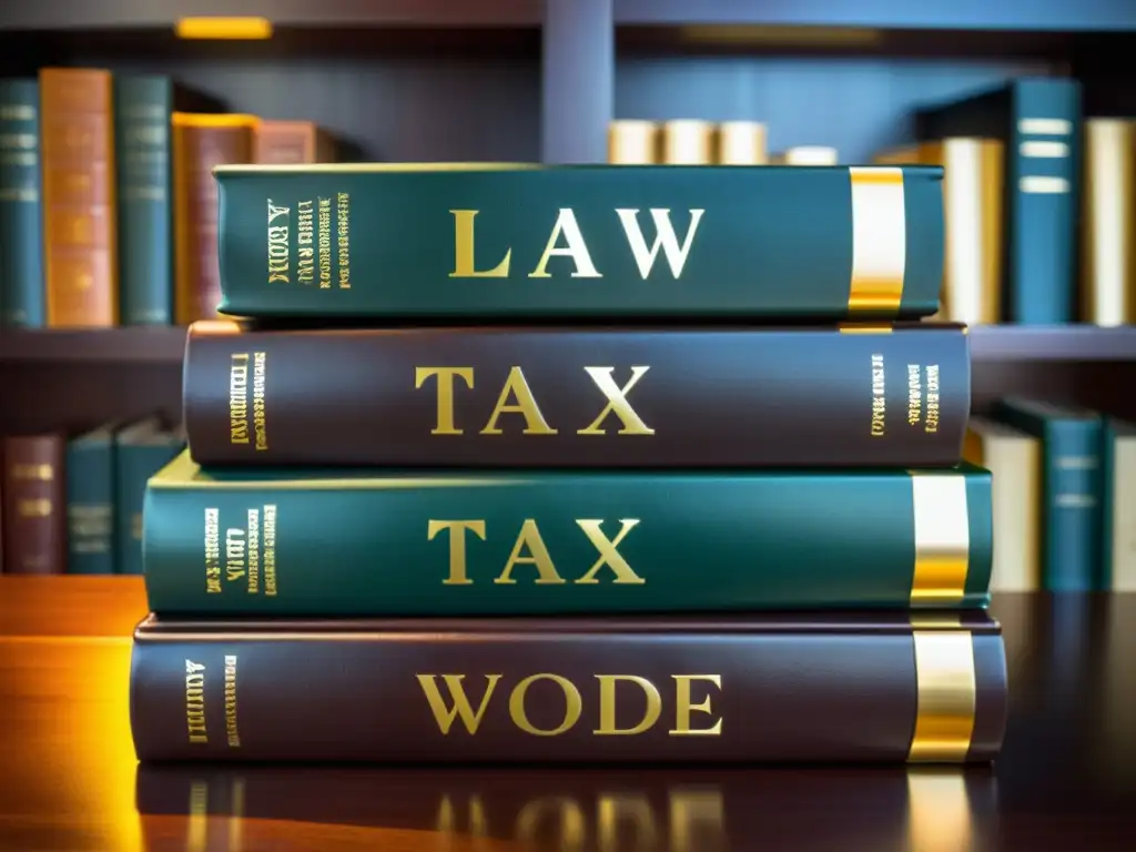 Jurisprudencia dorada: elegancia legal en la ciudad Una imagen de libros de derecho tributario fiscal en un elegante escritorio, con una vista panorámica de la ciudad al atardecer