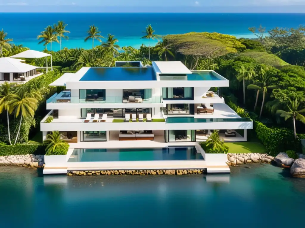 Mansión de lujo frente al mar con piscina infinita Imagen de mansión de lujo con piscina infinita y jardines exuberantes, reflejando opulencia y grandiosidad