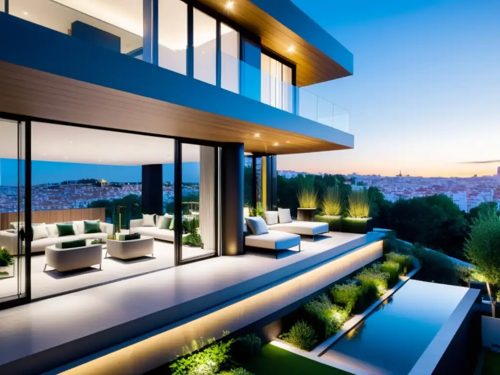 Edificio de apartamentos de lujo en el corazón de Madrid con diseño moderno y vistas panorámicas Imagen de un lujoso edificio de apartamentos modernos en Madrid con ventanales y terraza panorámica, rodeado de vegetación exuberante