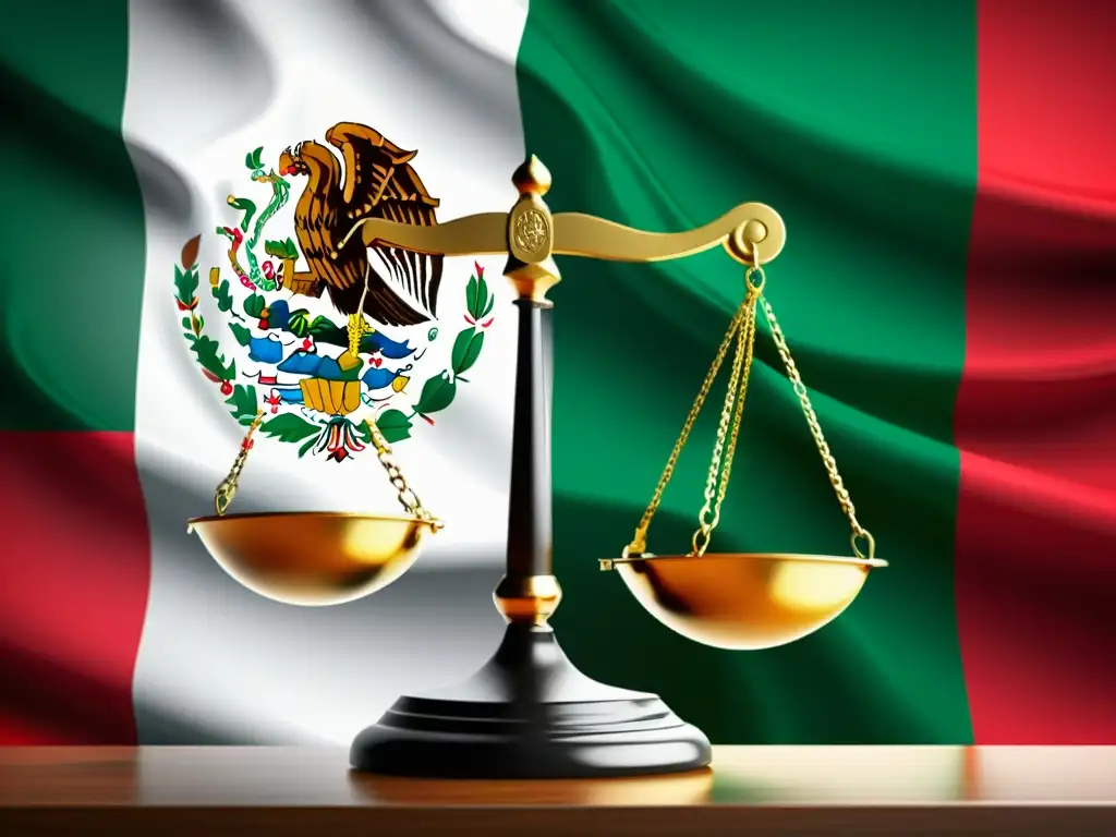 Balanza de justicia mexicana: legalidad fiscal y equidad Imagen moderna de la balanza de la justicia con la bandera mexicana de fondo, simbolizando el Principio de legalidad en impuestos en México
