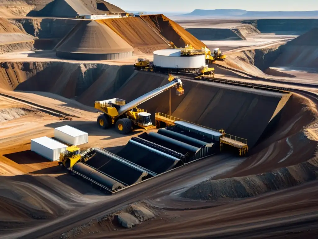 Minería moderna: Eficiencia y tecnología en terreno natural Una imagen de alta resolución de una moderna instalación minera con maquinaria y tecnología avanzada, ubicada en un terreno natural escarpado