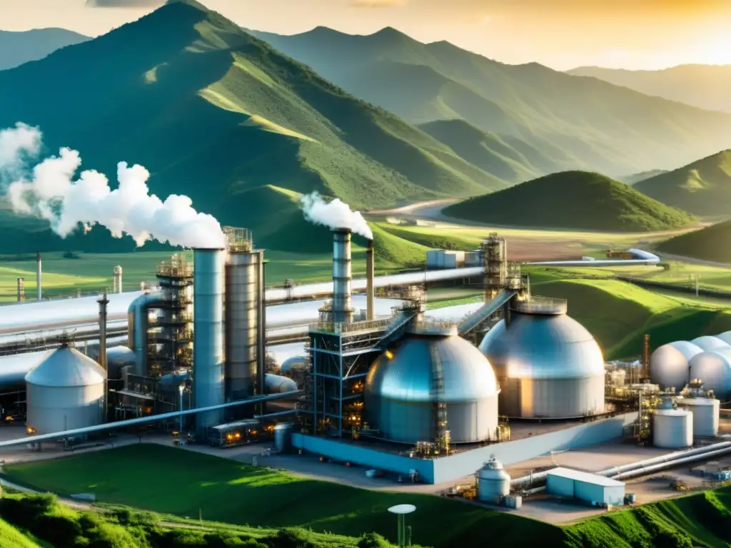 Refinería moderna en Colombia: belleza industrial entre montañas Imagen de una moderna refinería de petróleo en Colombia, destacando su importancia en la economía del país