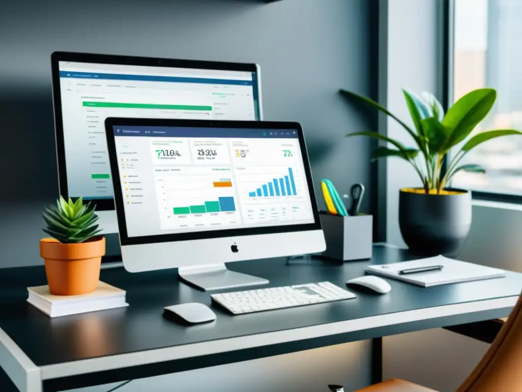 Oficina moderna con software de gestión de impuestos Imagen de oficina moderna con software de gestión tributaria eficiente, estación de trabajo organizada y ambiente profesional