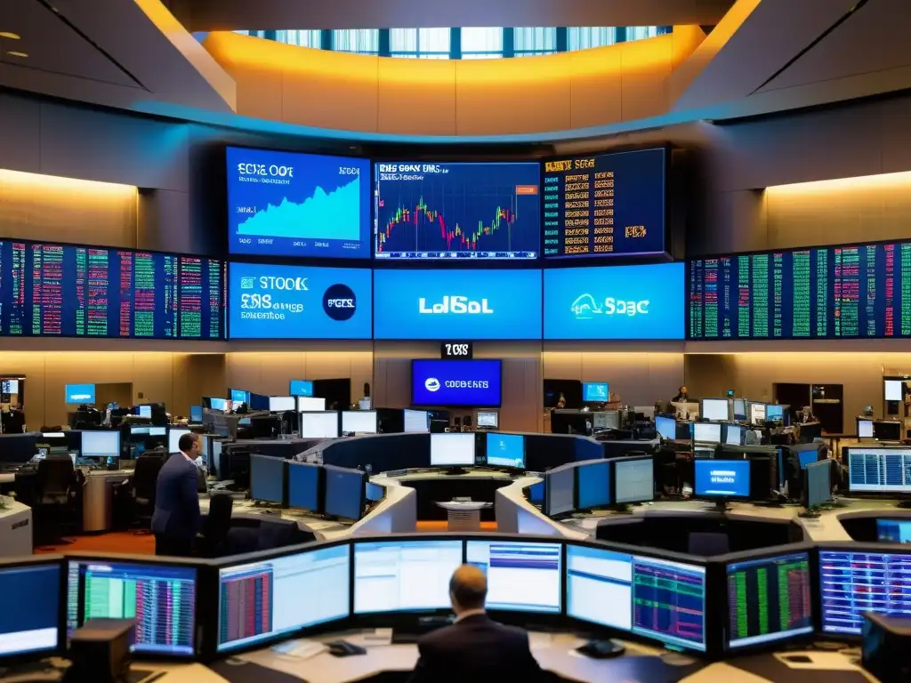 Intensa actividad en la bolsa de valores Imagen panorámica de un bullicioso mercado de valores, con monitores, operadores y datos financieros en tiempo real