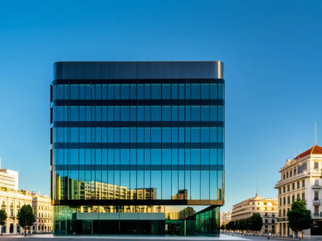 Edificio de la Agencia Tributaria: Modernidad y Tradición en Madrid Imagen panorámica de alta resolución del edificio de la Agencia Tributaria en Madrid, mostrando su diseño moderno y la ciudad