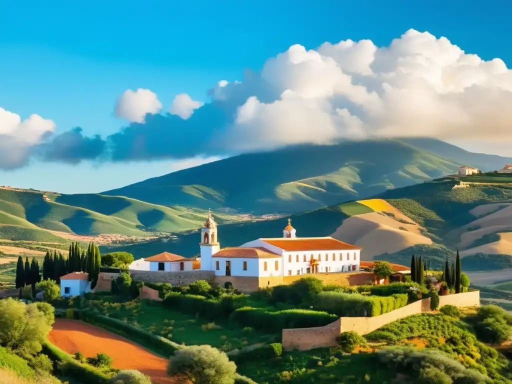 Hacienda española: paisajes y responsabilidades Imagen panorámica de una hacienda tradicional en el campo español, con colinas y cielo azul