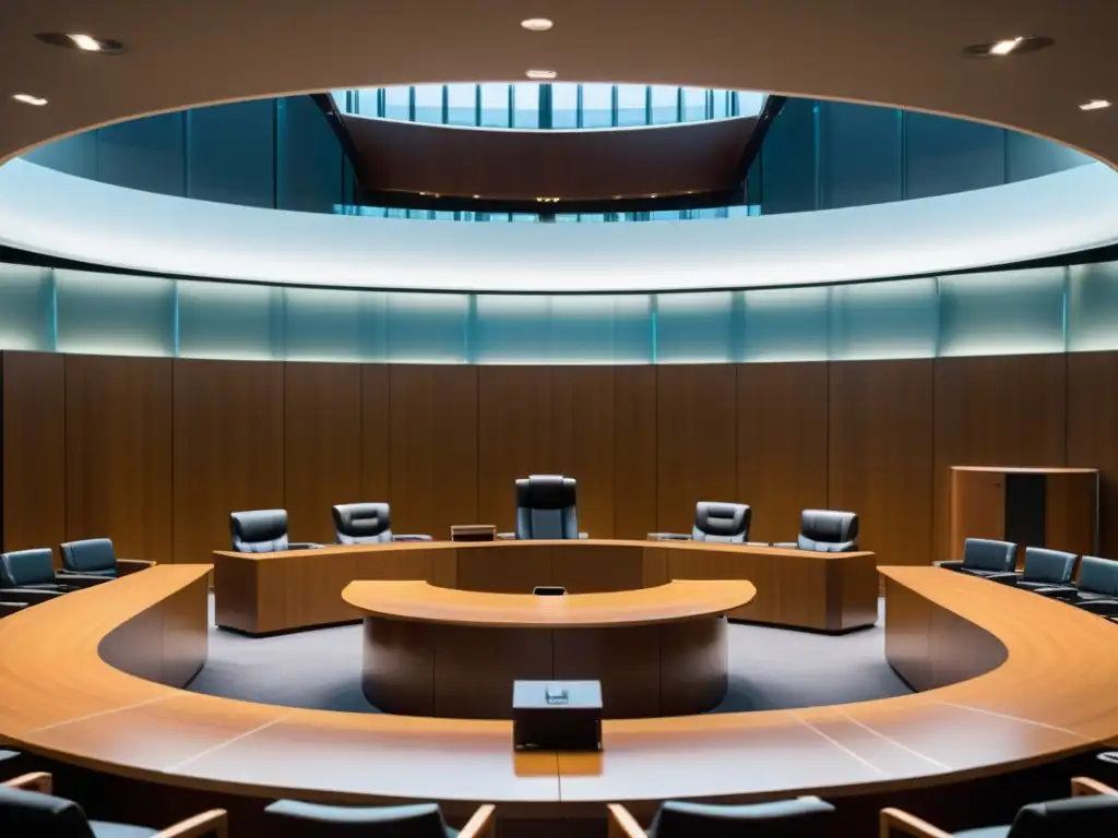 Sala de Tribunal Moderna y Profesional: Imagen panorámica detallada Imagen panorámica de una sala de audiencias moderna y sofisticada, lista para la defensa legal en litigio tributario