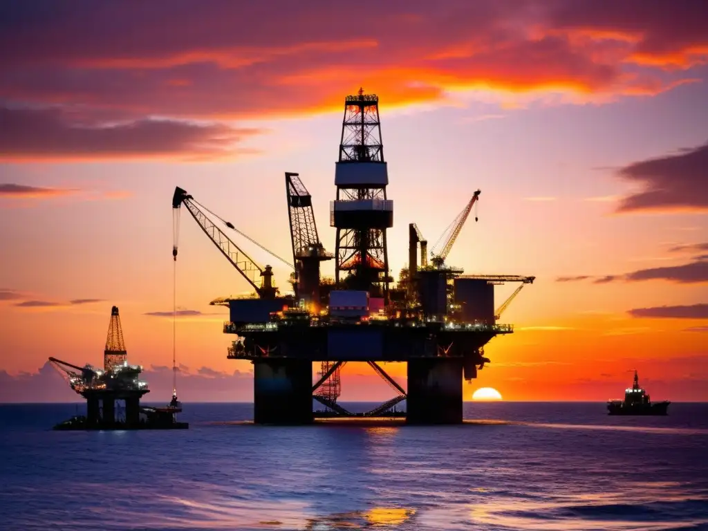 Plataforma petrolera offshore al atardecer Imagen de una plataforma petrolera offshore al atardecer, con tonos naranjas y rosados reflejados en el mar