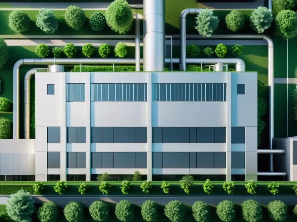 Fábrica moderna en armonía con la naturaleza: IEPS Impacto y estrategias IEPS: imagen de fábrica moderna rodeada de vegetación, equilibrando tecnología y naturaleza