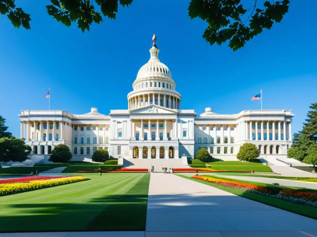 Capitol moderno en un día soleado: arquitectura y actividad Imponente capitolio estatal moderno bajo cielo azul, rodeado de jardines vibrantes y personas activas