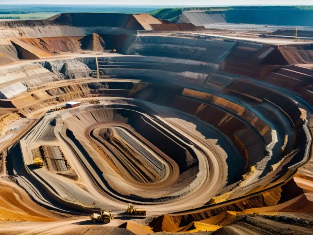 Minería a Gran Escala: Impacto Ambiental y Regulatorio Imponente mina a cielo abierto mostrando el impacto legal de las regalías mineras en el paisaje y la comunidad