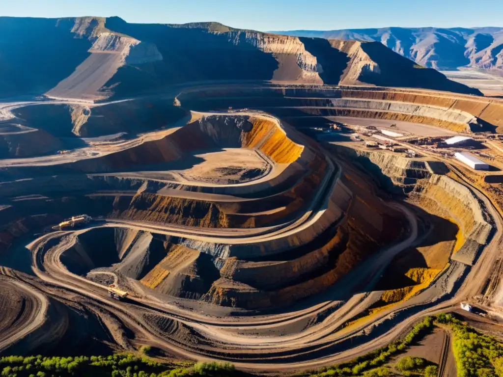 Minería a cielo abierto: impacto visual Imponente mina a cielo abierto rodeada de montañas, maquinaria pesada y camiones, en contraste con el paisaje natural