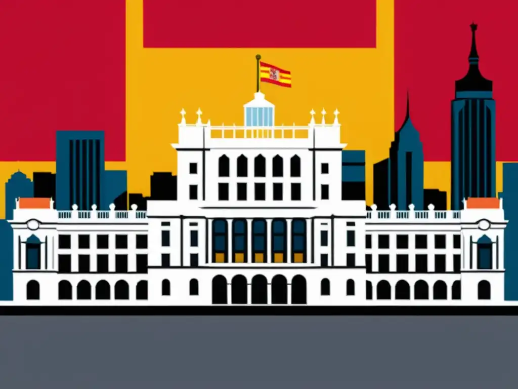 Ilustración digital detallada del parlamento español y rascacielos modernos Imponente ilustración digital del parlamento español rodeado de rascacielos modernos, con la bandera española ondeando