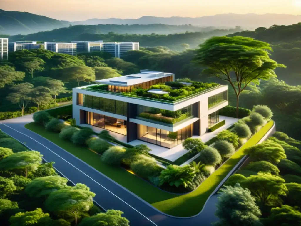 Edificio corporativo moderno rodeado de naturaleza exuberante Imponente edificio corporativo en medio de exuberante vegetación, reflejando elegancia y éxito corporativo en México