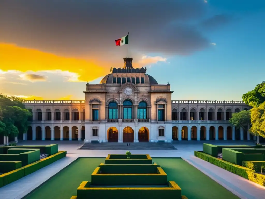 Edificio de la Suprema Corte al atardecer: majestuosidad y modernidad Imponente edificio de la Corte Suprema de México al atardecer, con luz dorada y sombras dramáticas, equilibrio justicia fiscal contribuyentes