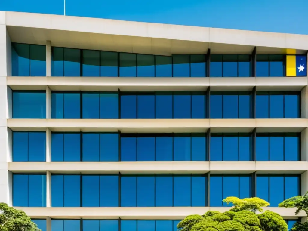 Ministerio de Hacienda de Colombia: Elegancia moderna en Bogotá El imponente edificio del Ministerio de Hacienda de Colombia en Bogotá, con banderas ondeando y un cielo despejado