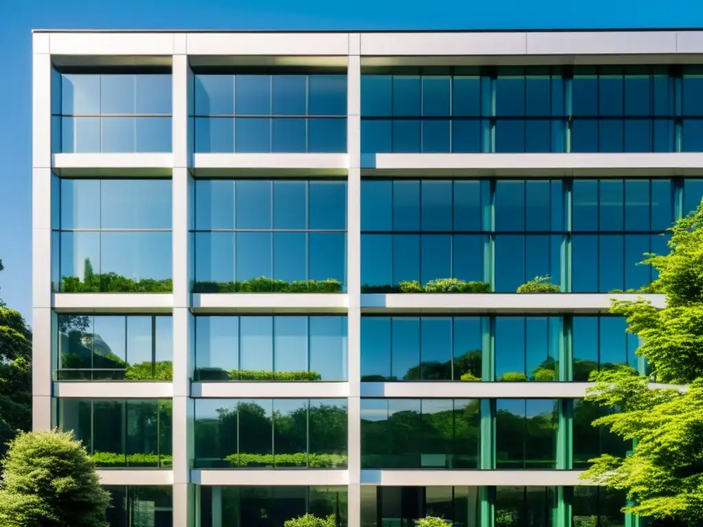Edificio de oficinas moderno con diseño geométrico y naturaleza exuberante Imponente edificio de oficinas modernas rodeado de exuberante vegetación