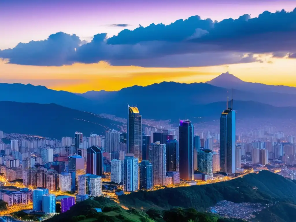 Esplendor urbano: atardecer sobre el skyline colombiano La imponente estructura impositiva en Colombia se ilumina con tonos dorados al atardecer, reflejando progreso y prosperidad
