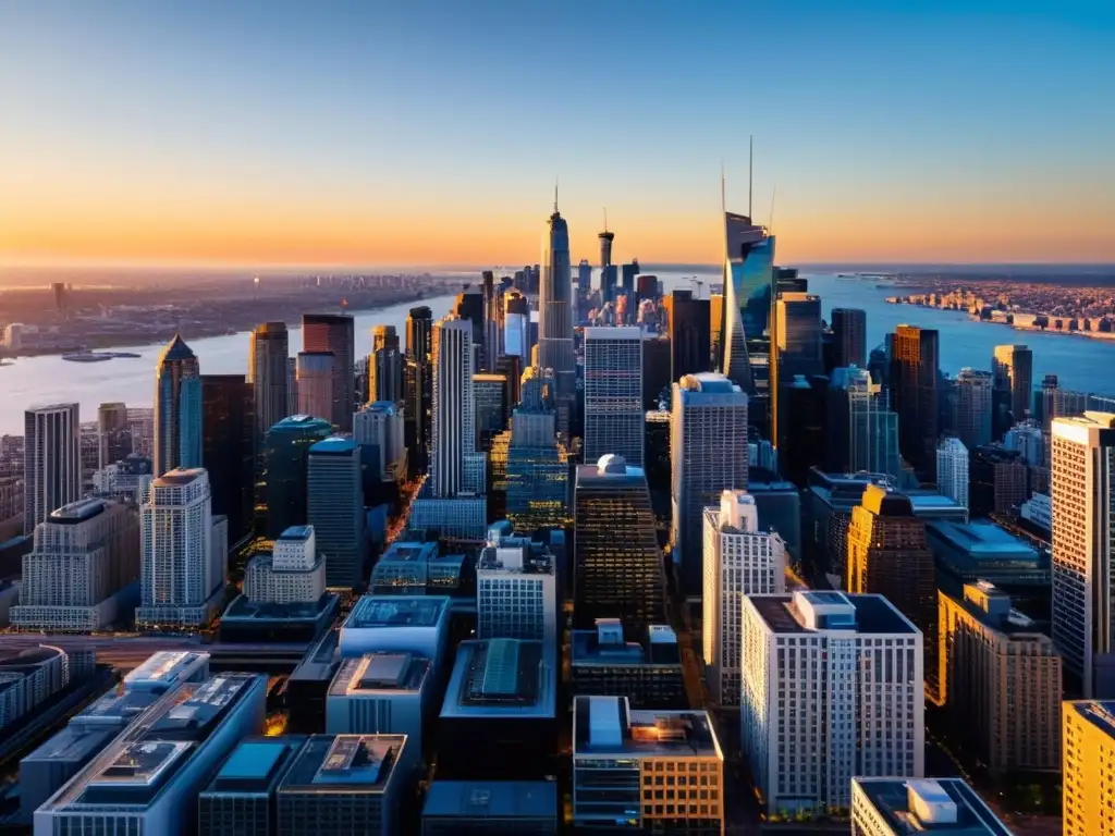 Horizonte urbano al atardecer: energía y modernidad en la ciudad Imponente horizonte urbano al atardecer con modernos rascacielos y cálida luz dorada, transmitiendo energía y progreso en la ciudad