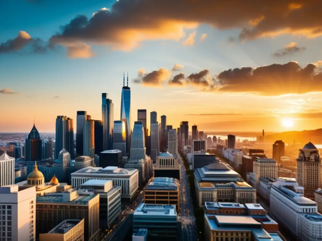 Atardecer dorado en metrópolis vibrante Imponente panorama urbano con rascacielos modernos y arquitectura histórica, bañado por la cálida luz del atardecer