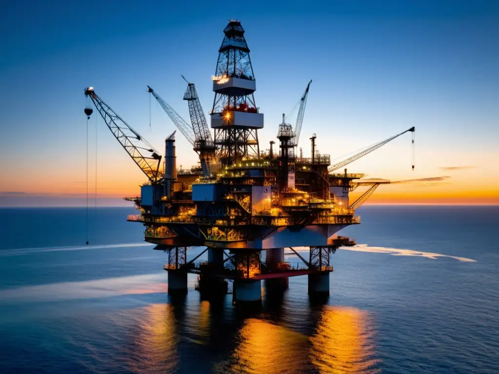Plataforma petrolera al atardecer en el Golfo de México Una imponente plataforma petrolera en el Golfo de México, bañada por el cálido atardecer y rodeada de aguas profundas azules