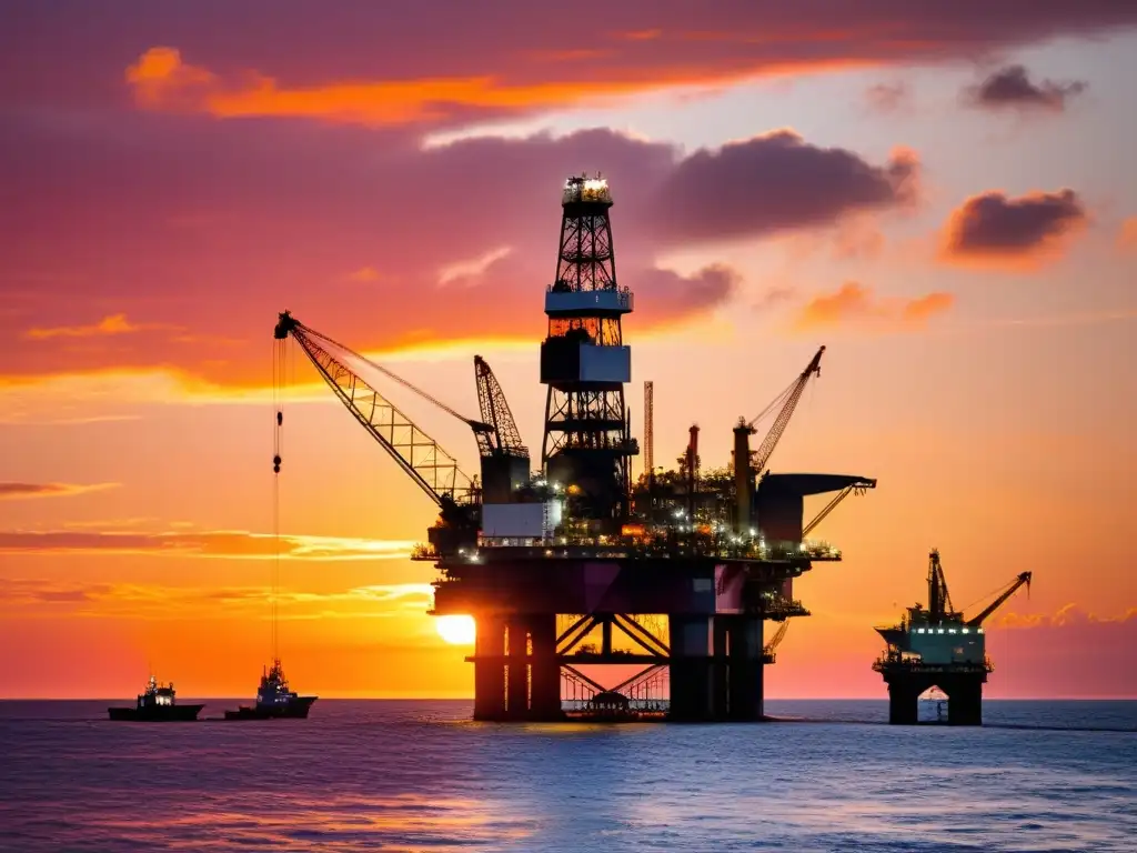 Plataforma petrolera al atardecer: majestuosidad en alta mar Imponente plataforma petrolera en el océano al atardecer, con tonos anaranjados y rosados reflejados en el agua tranquila