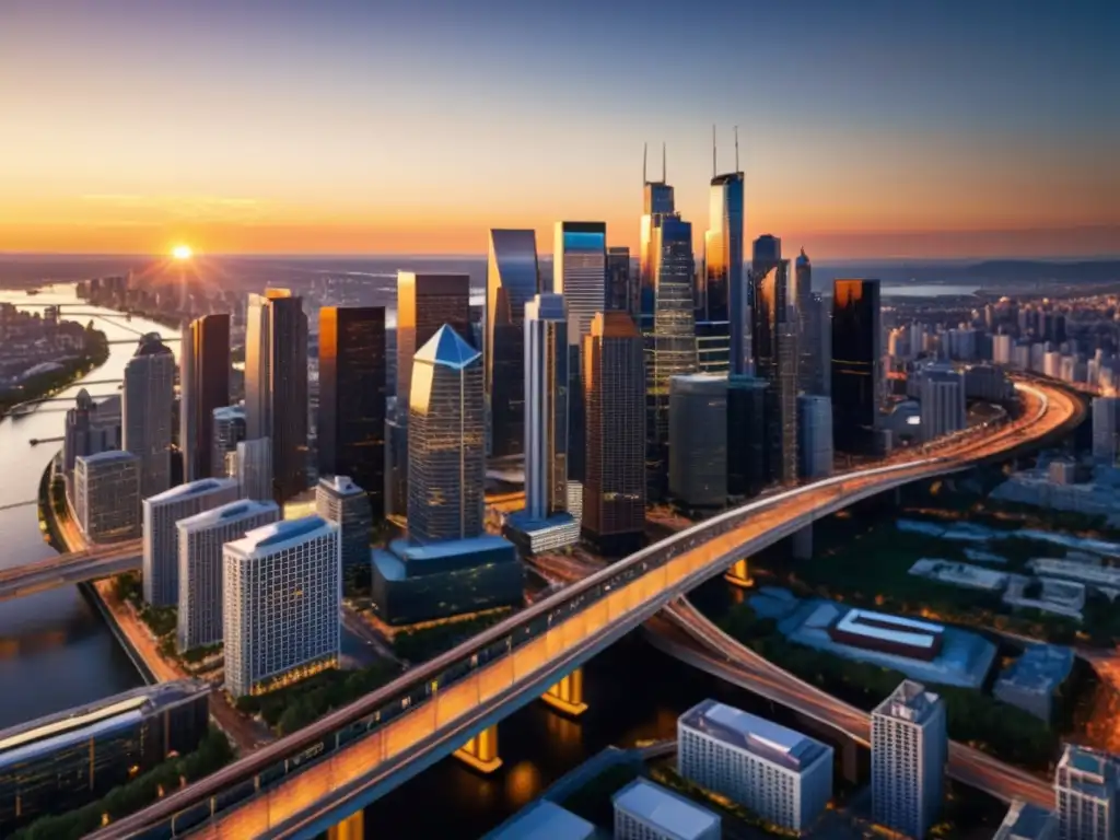 Horizonte urbano moderno al atardecer: impacto fiscal La importancia de una estructura societaria eficiente para la reducción de impuestos, reflejada en el impactante skyline moderno al atardecer