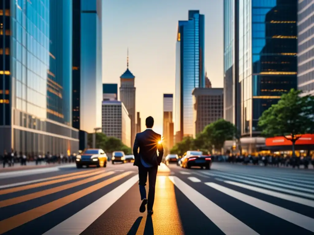 Horizonte urbano al atardecer: prosperidad financiera y bienes raíces Impresionante atardecer en la ciudad moderna, reflejando prosperidad inmobiliaria