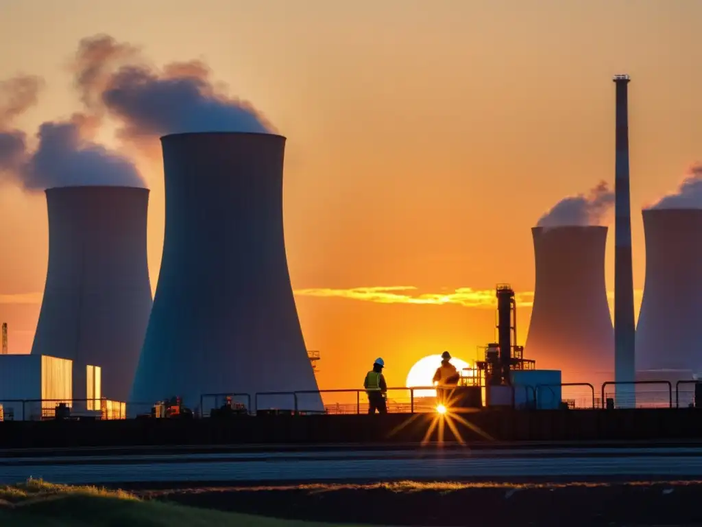 Planta de energía al atardecer: innovación en acción Un impresionante atardecer en una moderna planta de energía, donde ingenieros y trabajadores se encuentran en actividades