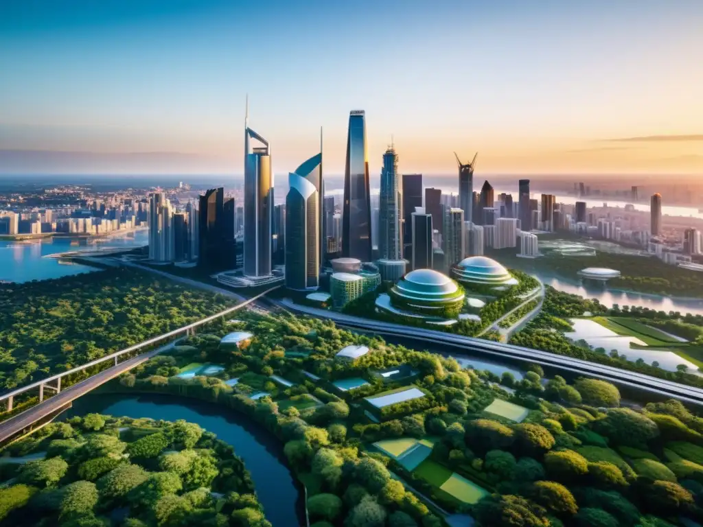 Horizonte futurista: ciudad ecoinnovadora en 8k 'Impresionante ciudad futurista con rascacielos modernos y vegetación exuberante bañada por la cálida luz del amanecer, evocando progreso e innovación