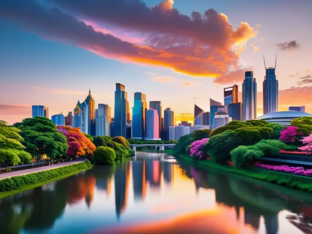 Horizonte urbano moderno al atardecer: riqueza y dinamismo La impresionante ciudad moderna al atardecer, con rascacielos reflejando tonos cálidos del cielo