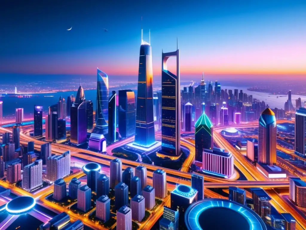 Metrópolis futurista: luces neón en la noche Un impresionante horizonte de ciudad futurista en 8k con rascacielos iluminados por luces neón, rodeado de complejas autopistas y vehículos voladores