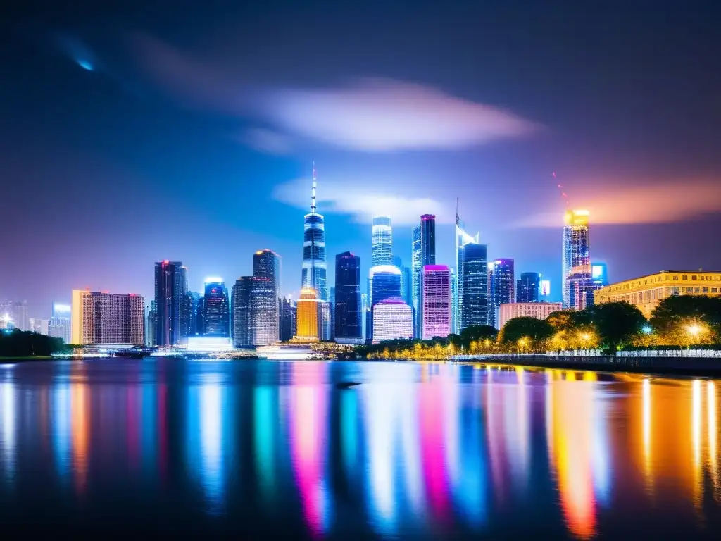 Espectacular panorama nocturno de una ciudad moderna y vibrante Una impresionante panorámica nocturna de una ciudad moderna con rascacielos iluminados por luces de colores, reflejándose en el río